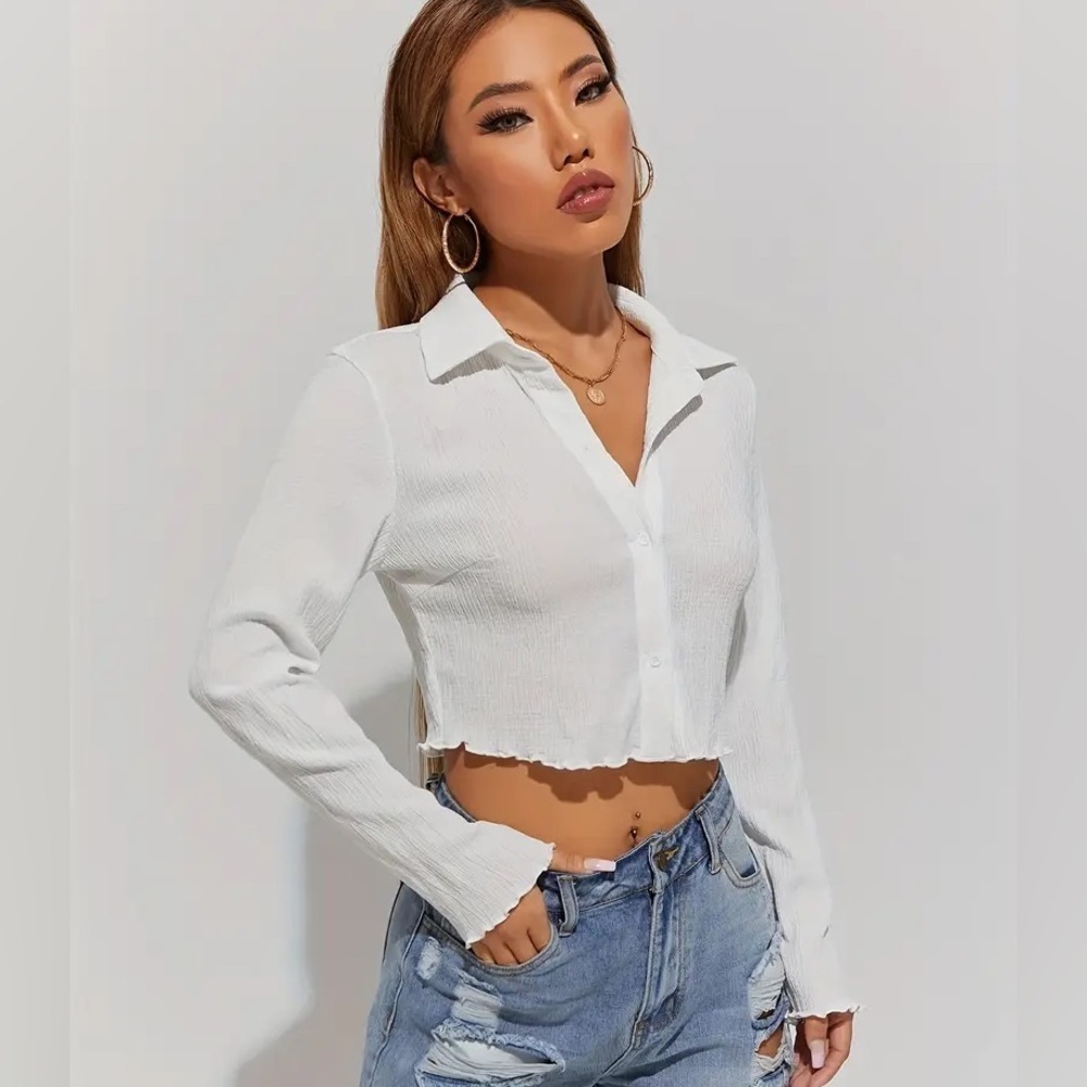 SHEIN Women’s Sz XL/12 White Solid Button Down Long Sleeve Crop Shirt